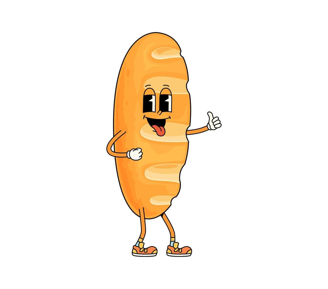 Funny groovy bread cartoon character, tongue out vector