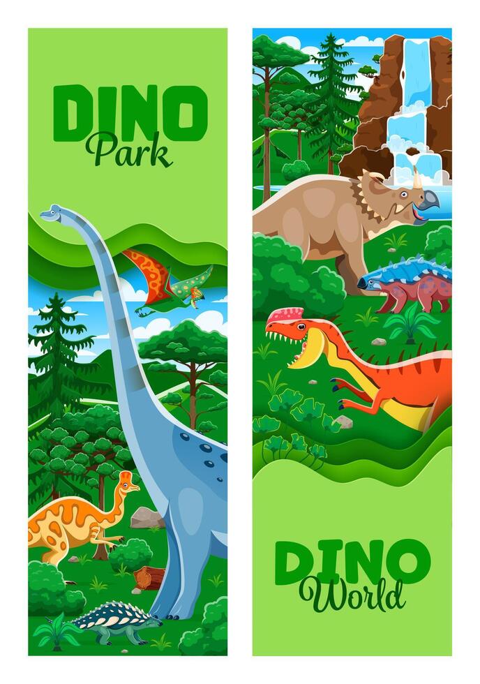 Paper cut dino park banners, cartoon dinosaurs vector