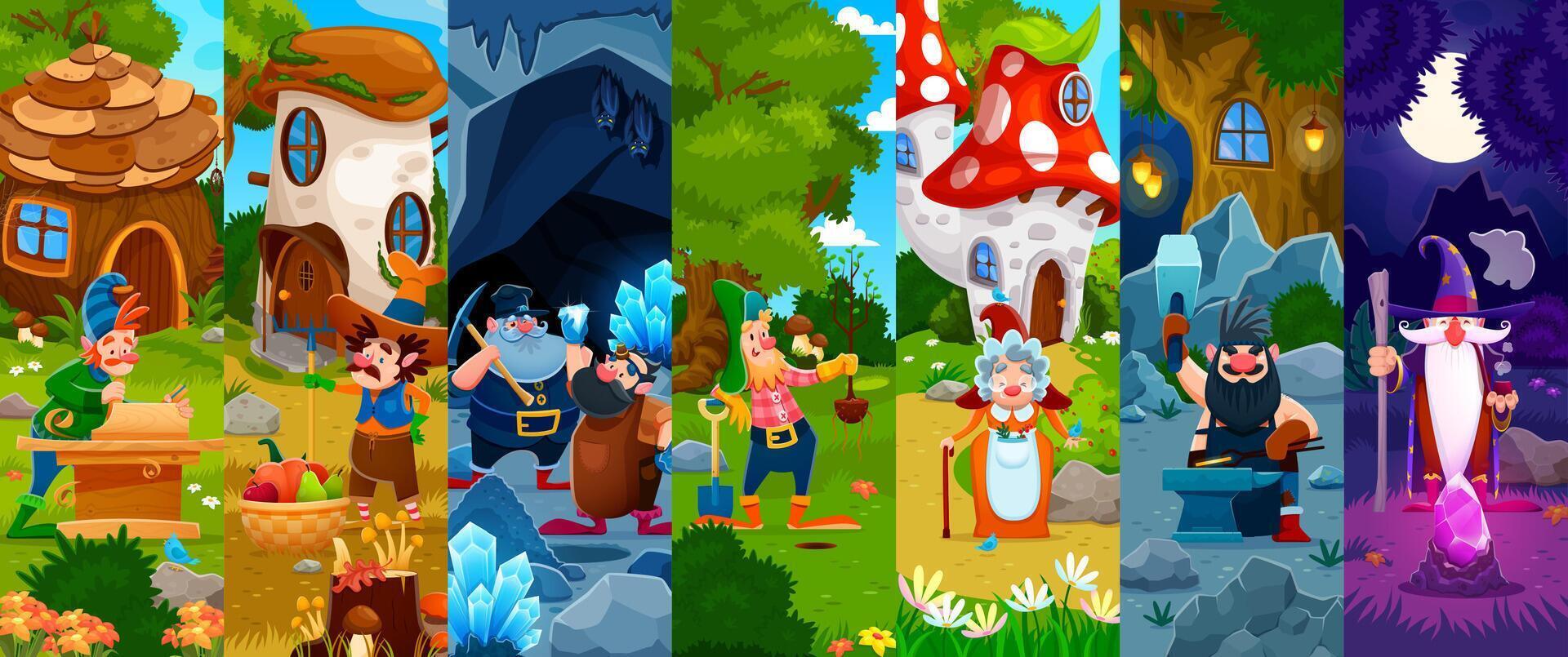 Cartoon gnome, elf and dwarf characters collage vector