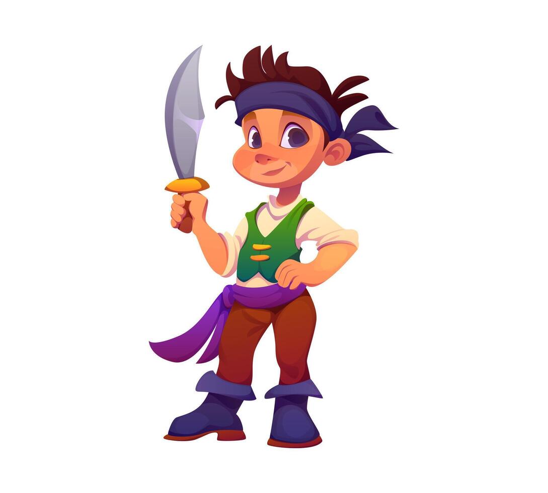 Cartoon kid pirate or corsair character with sword vector