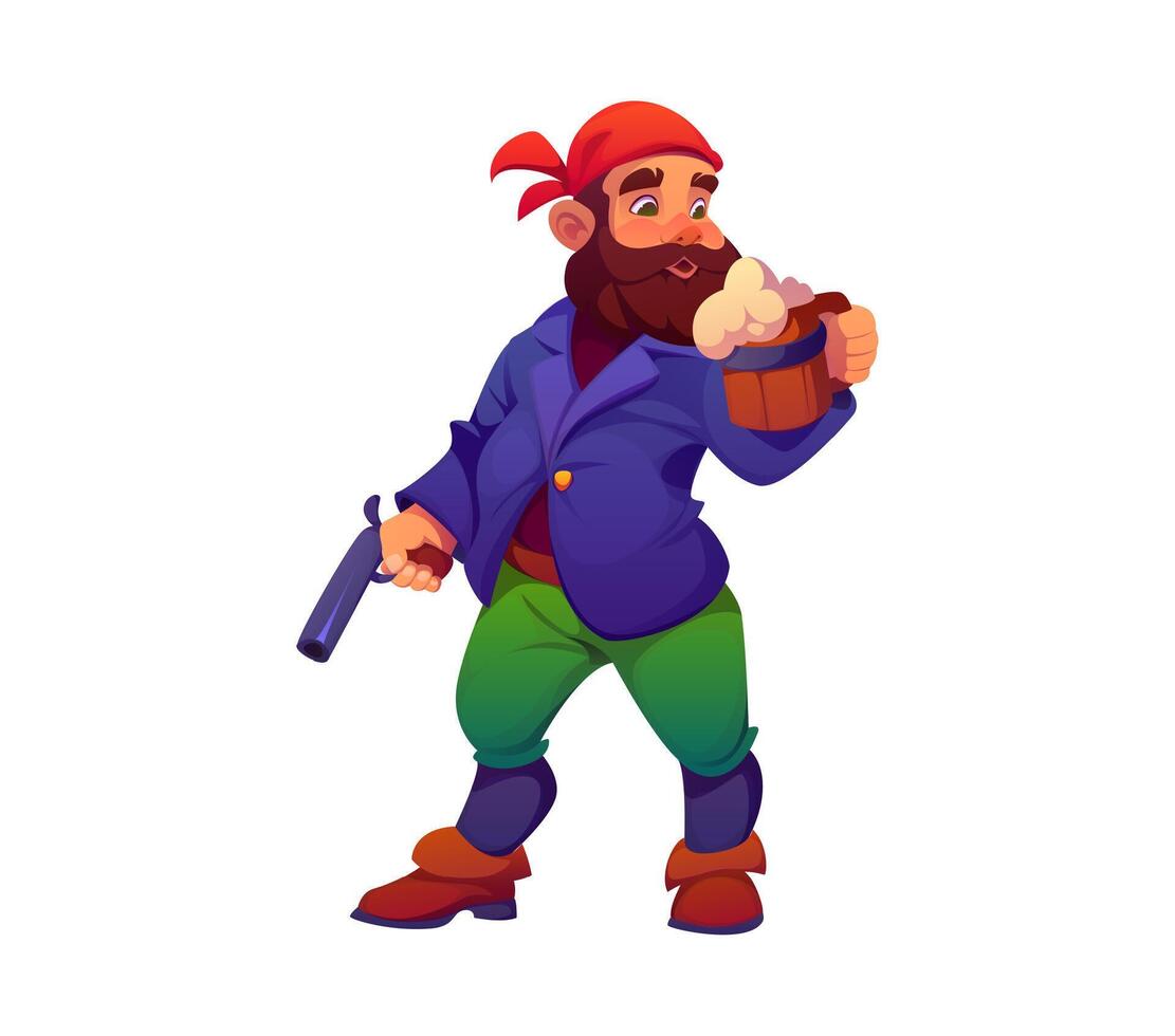 Cartoon pirate sailor, corsair captain with beer vector