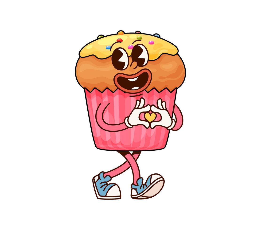 Bakery cupcake or muffin dessert groovy character vector