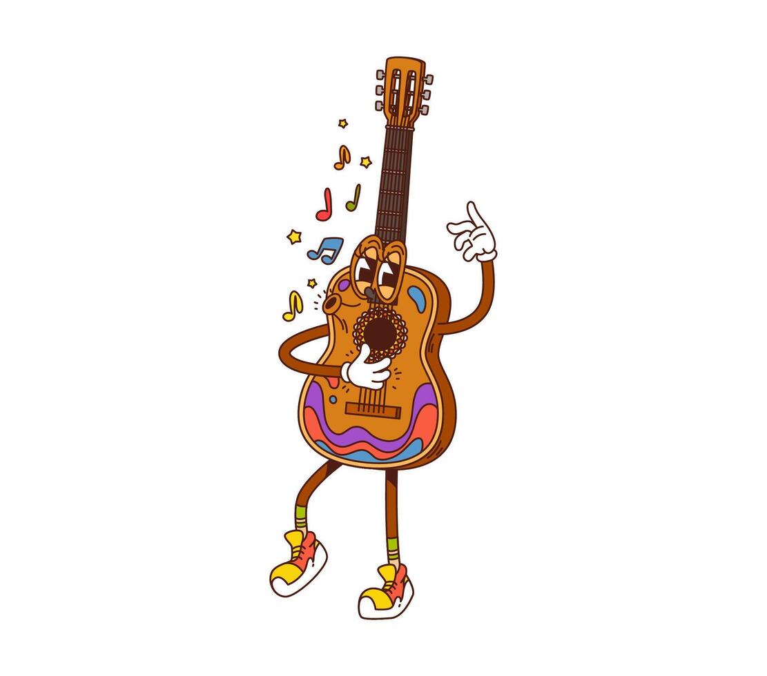 Cartoon groovy guitar musical retro character vector