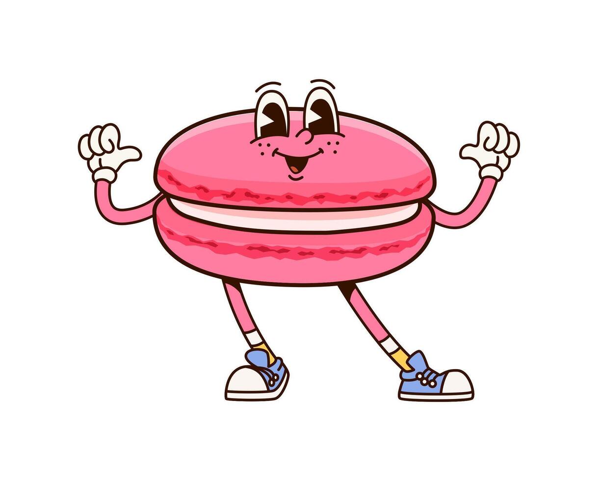 Groovy macaroon character pointing on itself vector