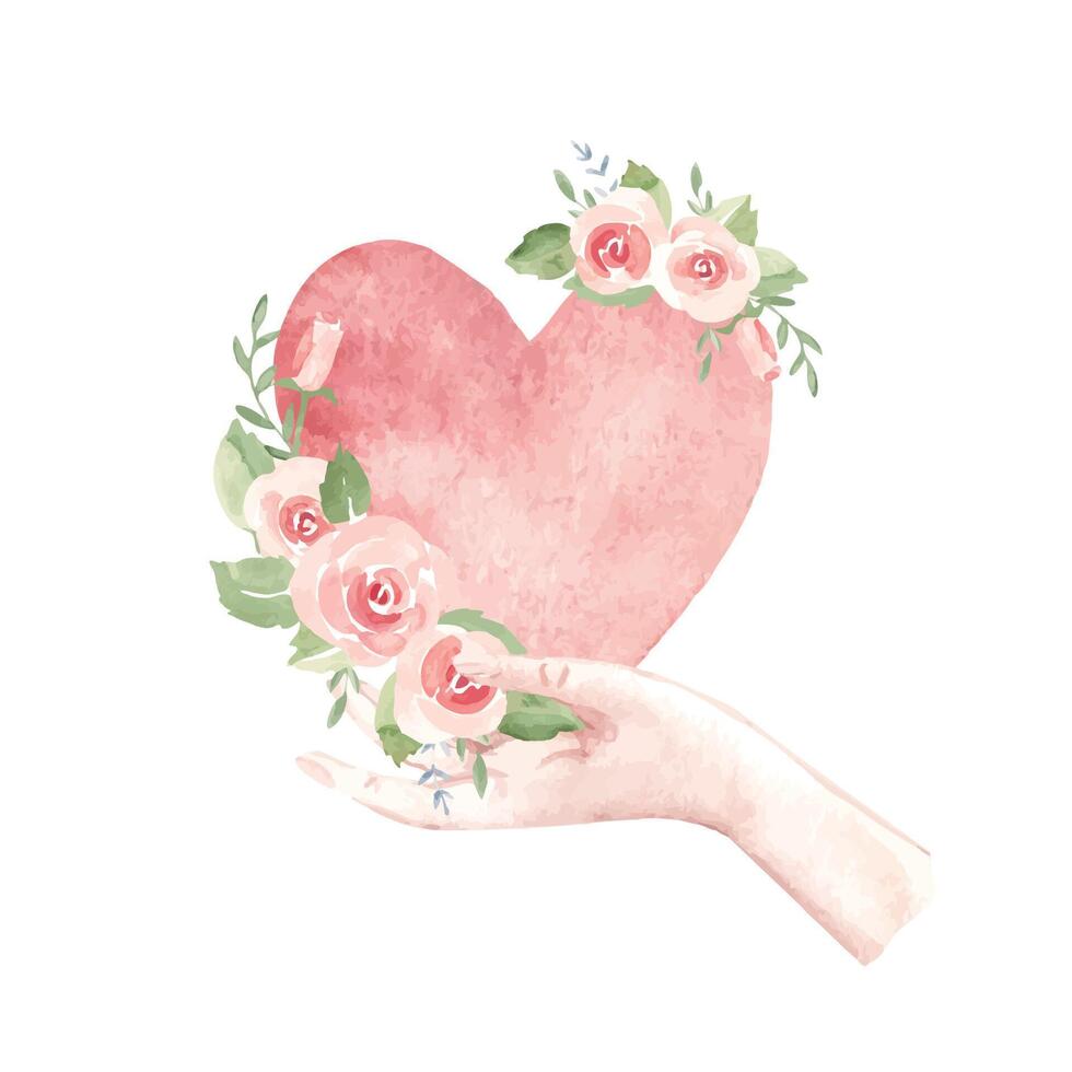 Woman Hand with Heart and pink Roses. Valentine's day Composition. Symbol of Love and Romance. Watercolor hand drawn illustration isolated on a white background. For cards, posters, stickers and vector