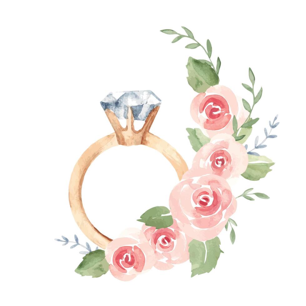 Valentine's day or Wedding, Engagement Composition. Golden ring with Diamond in pink Roses garland. Hand drawn Watercolor illustration isolated on a white background. For cards, invitations and prints vector