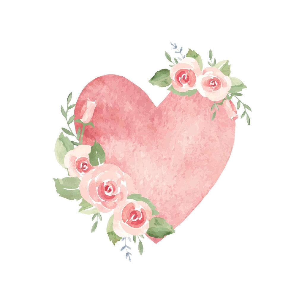 Valentine's day or Wedding floral Composition from Heart and Pink Roses in Ala Prima Simple style isolated on a white background. Love and Romantic illustration for cards, invitations and prints. vector