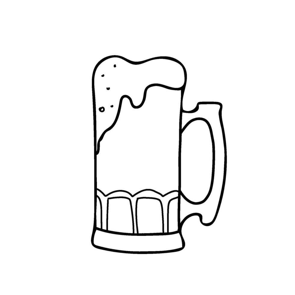Beer Mug. Cold drink with foam. Symbol of St. Patrick's Day and Traditional German beverage of Octoberfest. Hand drawn Black and White graphic illustration in Doodle style isolated on vector