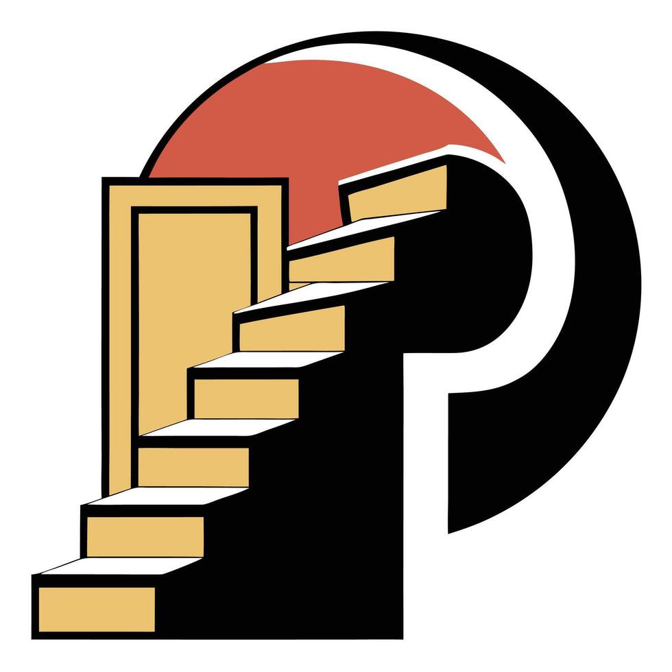 a stairway with a door and a red and black circle vector