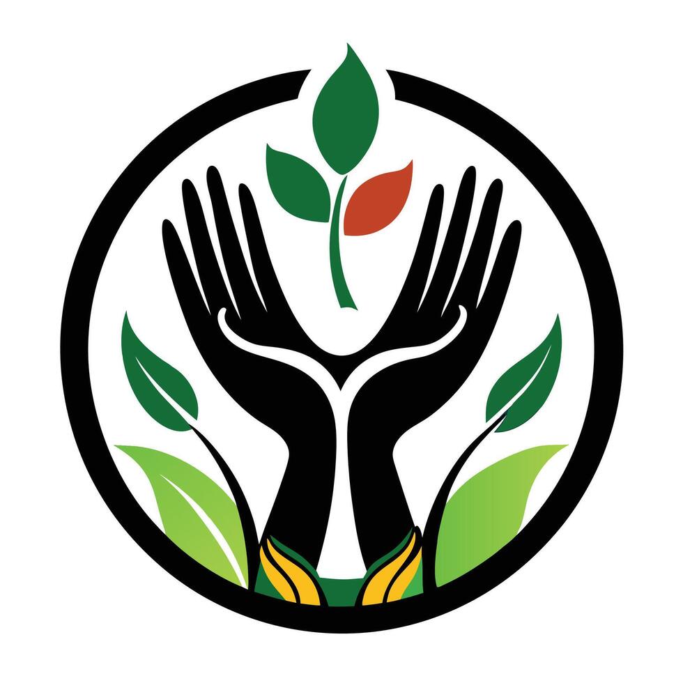 Minimalist logo design, cupped hands, plant growth, circular emblem, green leaves, red leaf accent vector