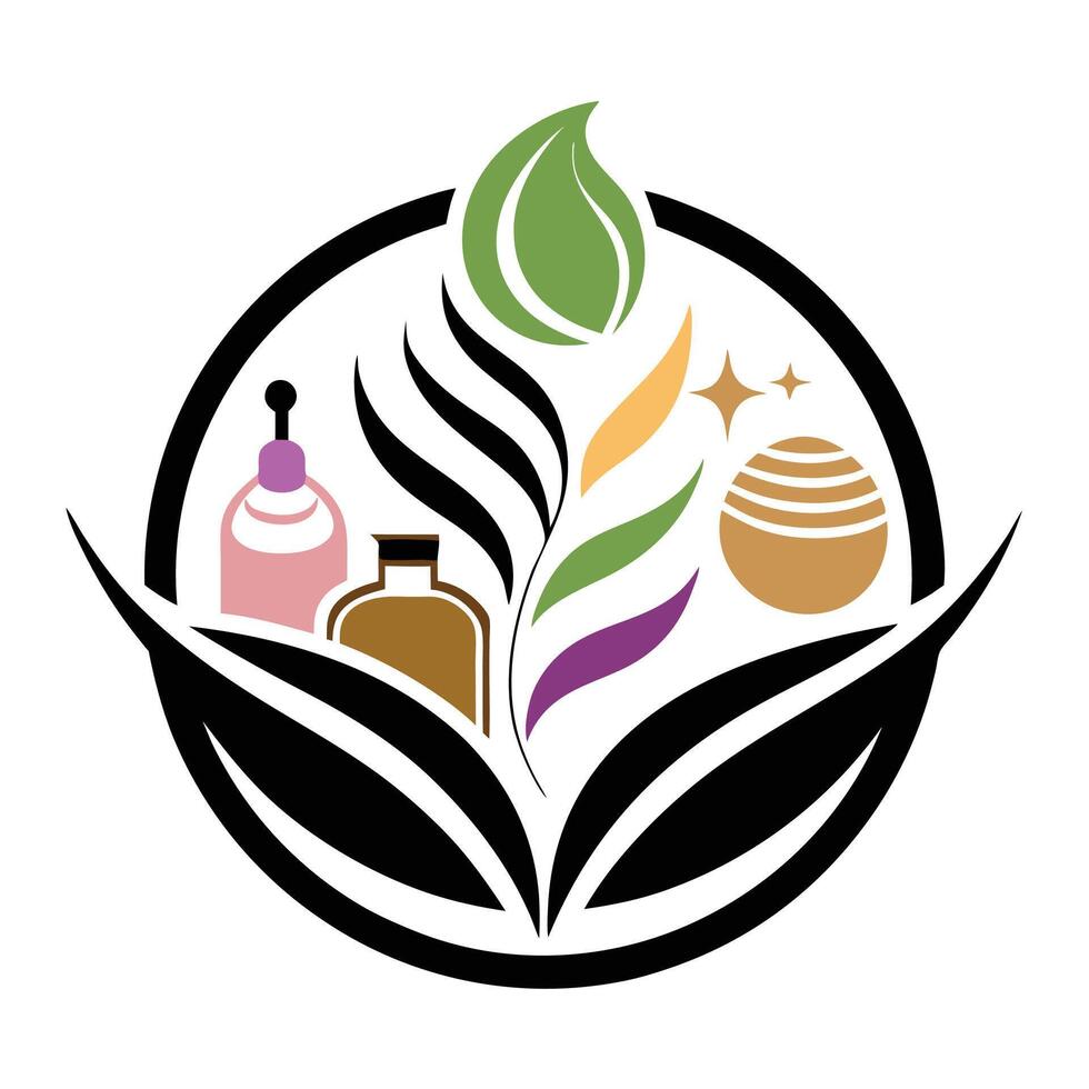 Logo design, circular emblem, stylized leaf motif, cosmetic bottles, perfume, essential oils, green and purple leaves vector
