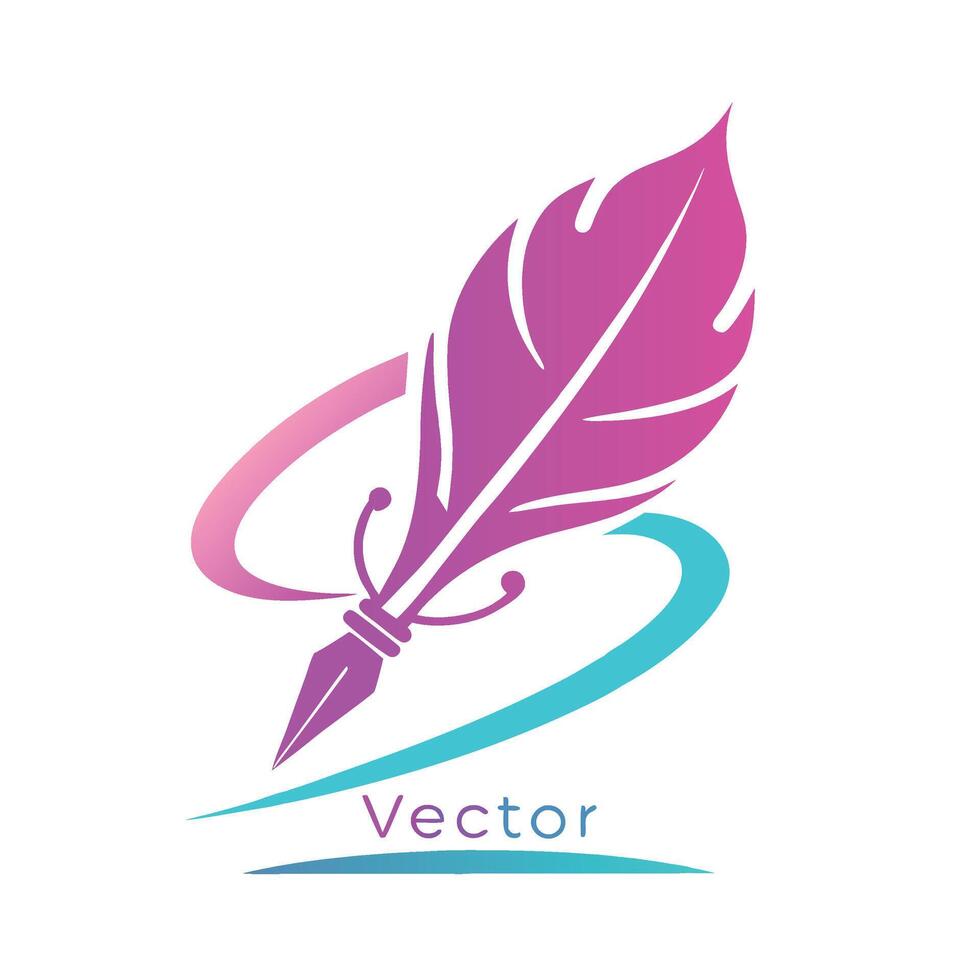 Stylized feather quill logo, vibrant purple and pink gradient, teal swoosh, minimalist design, clean lines vector