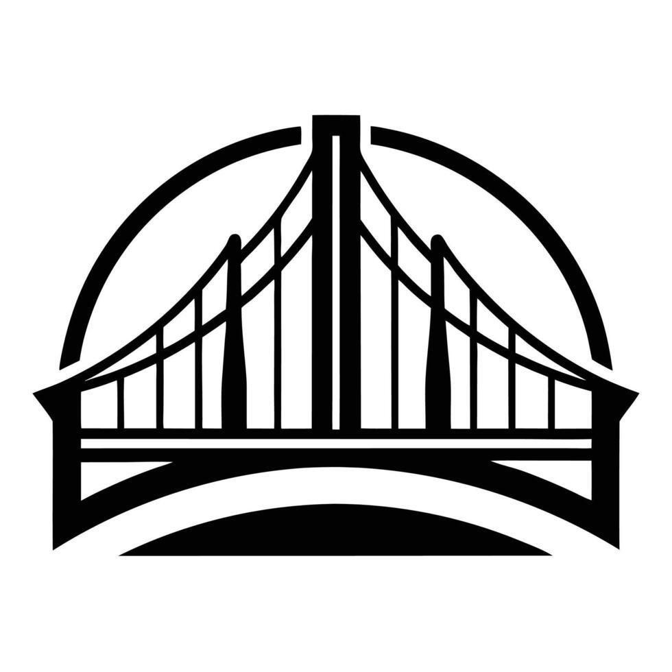 Bridge icon, stylized architecture, suspension bridge silhouette, black and white graphic, minimalist design vector