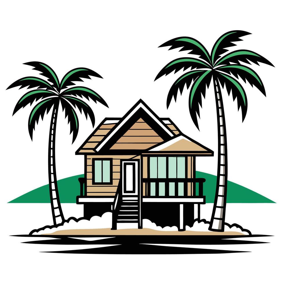 Beach bungalow, tropical paradise, palm trees, wooden house, elevated structure, coastal living, vector