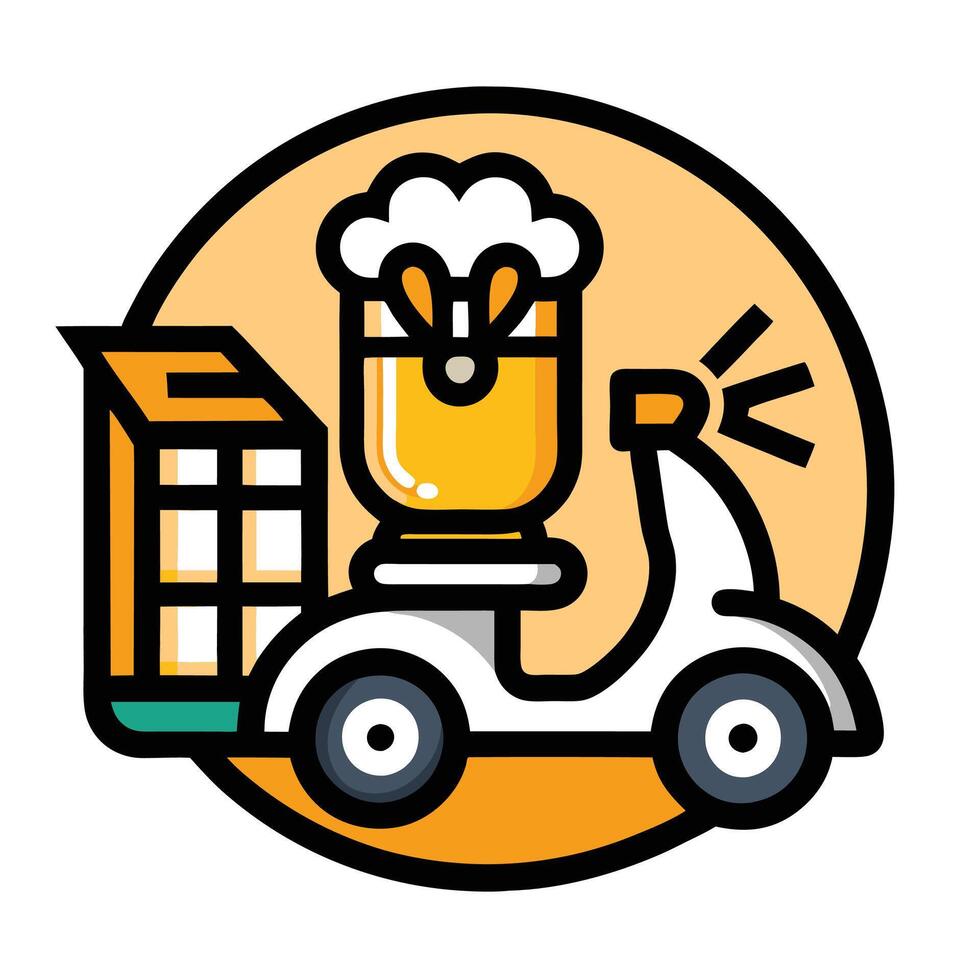 Beer delivery, scooter, beer mug icon, circular logo design, minimalist illustration, flat graphics, yellow and white color scheme vector