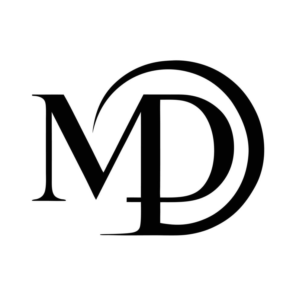 Minimalist logo design, black and white, MD monogram, interlocking letters, sleek typography, vector