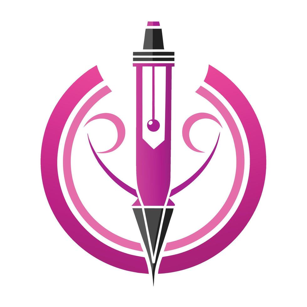 Logo design, fountain pen stylized, pink and black color scheme, circular motif, minimalist, elegant, vector
