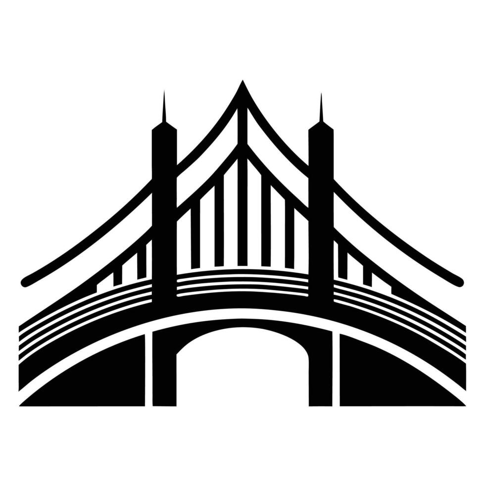 Black and white illustration, minimalist bridge design, architectural icon, suspension bridge silhouette, geometric shapes vector