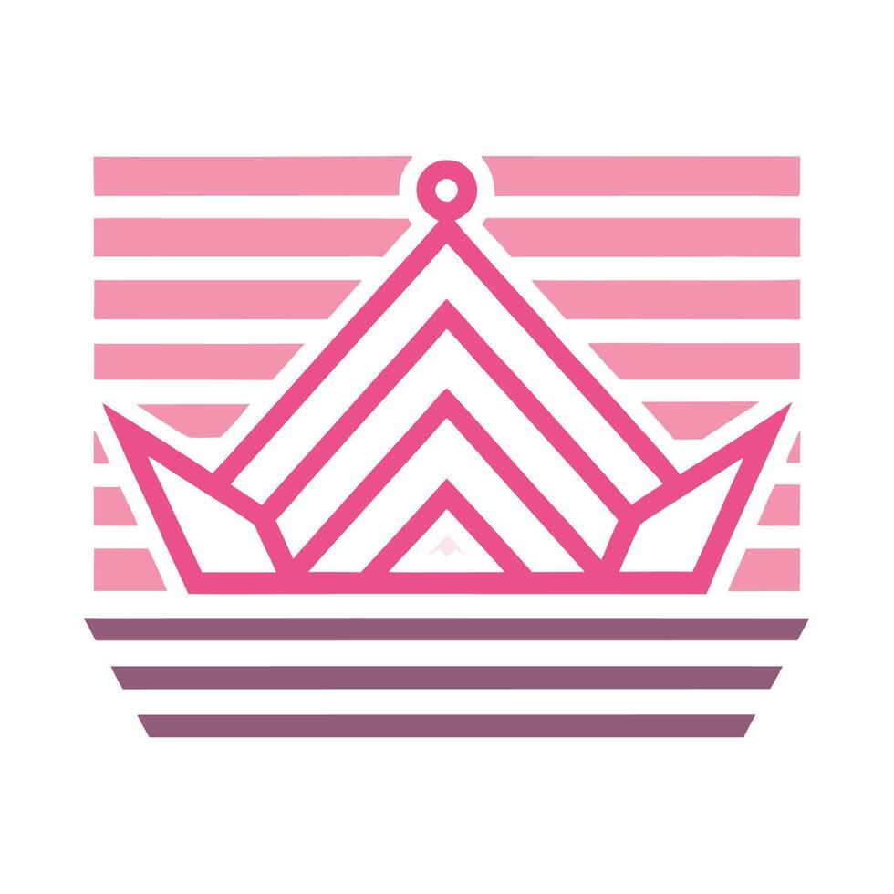 Minimalist crown logo, pink and white color scheme, geometric design, striped background, triangular shapes vector