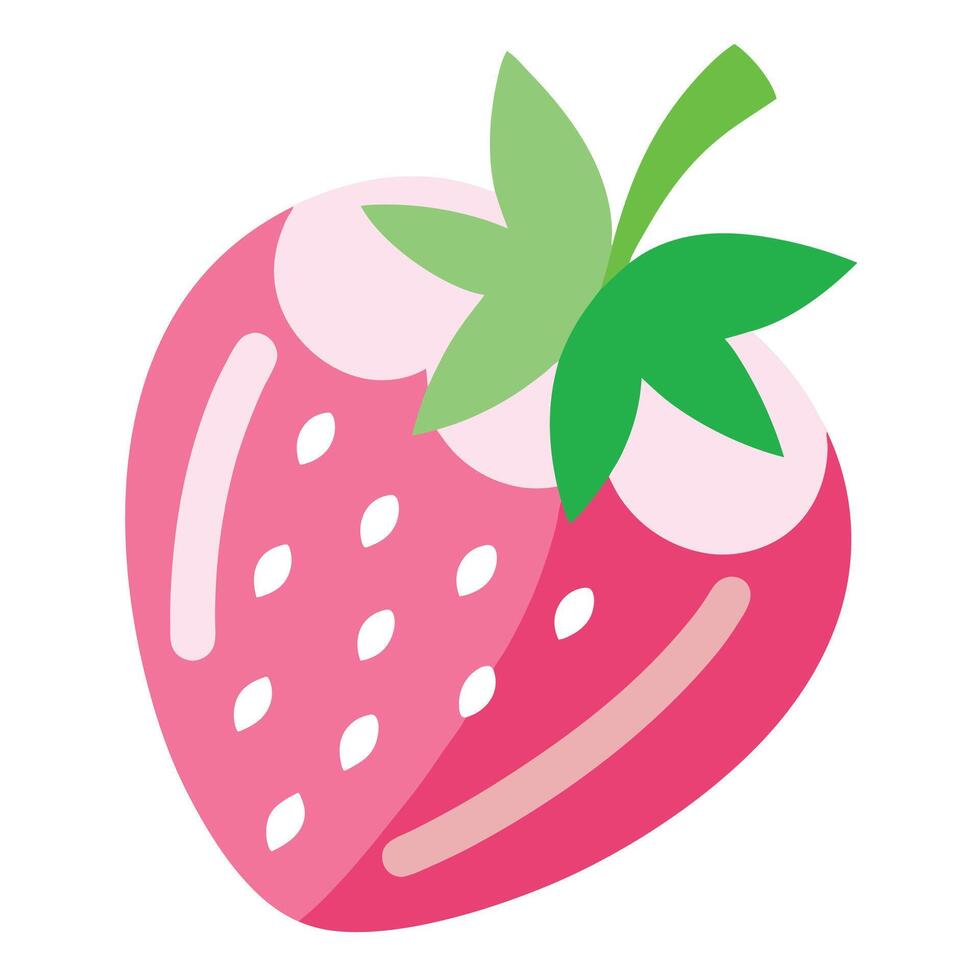 A colorful illustration of a strawberry, featuring a bright pink body with white seeds and a leafy green top. The design is simplified and stylized, with smooth shapes and a glossy vector