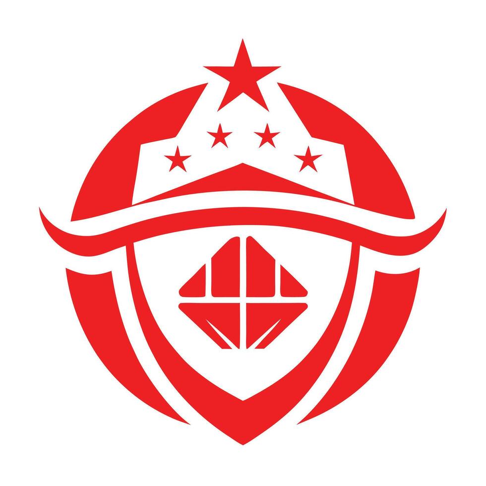 Red geometric logo, shield design, five-pointed stars, diamond shape, emblem, symmetrical, minimalist, flat design, iconic, bold, vector