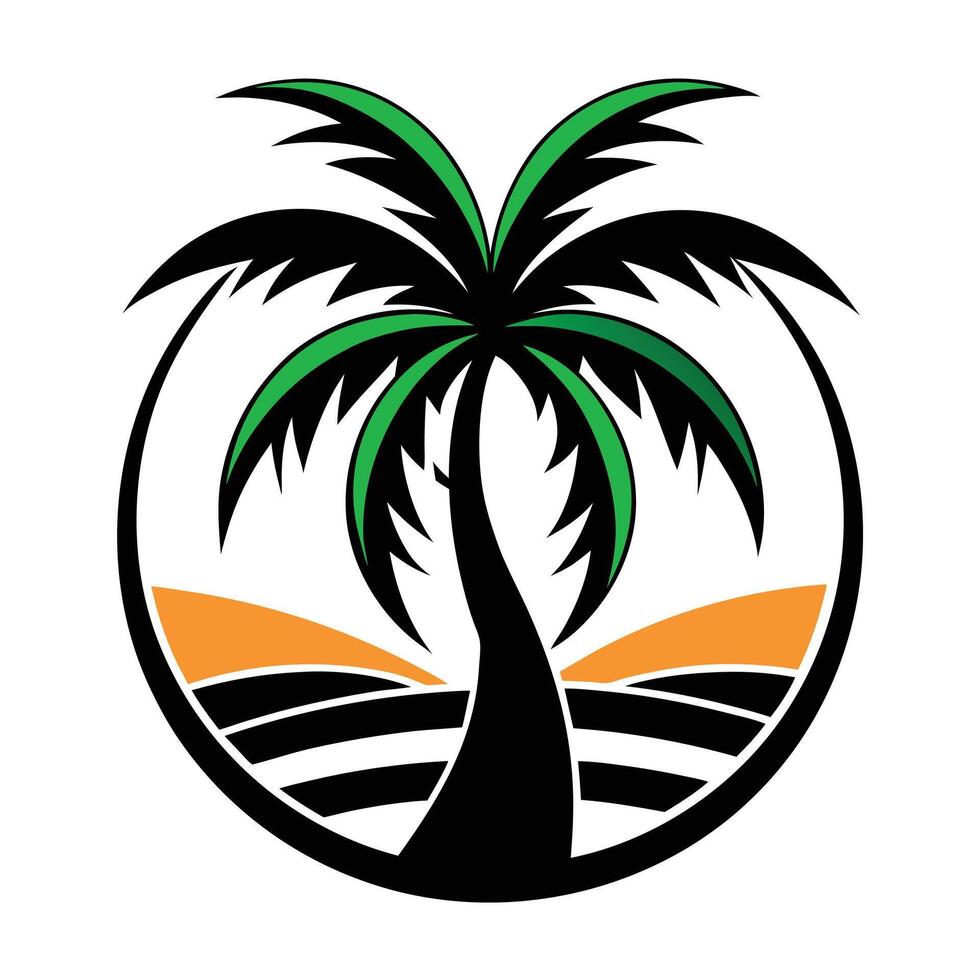 logo design, palm tree icon, circular emblem, tropical beach scene, minimalist style, black and green palm fronds vector