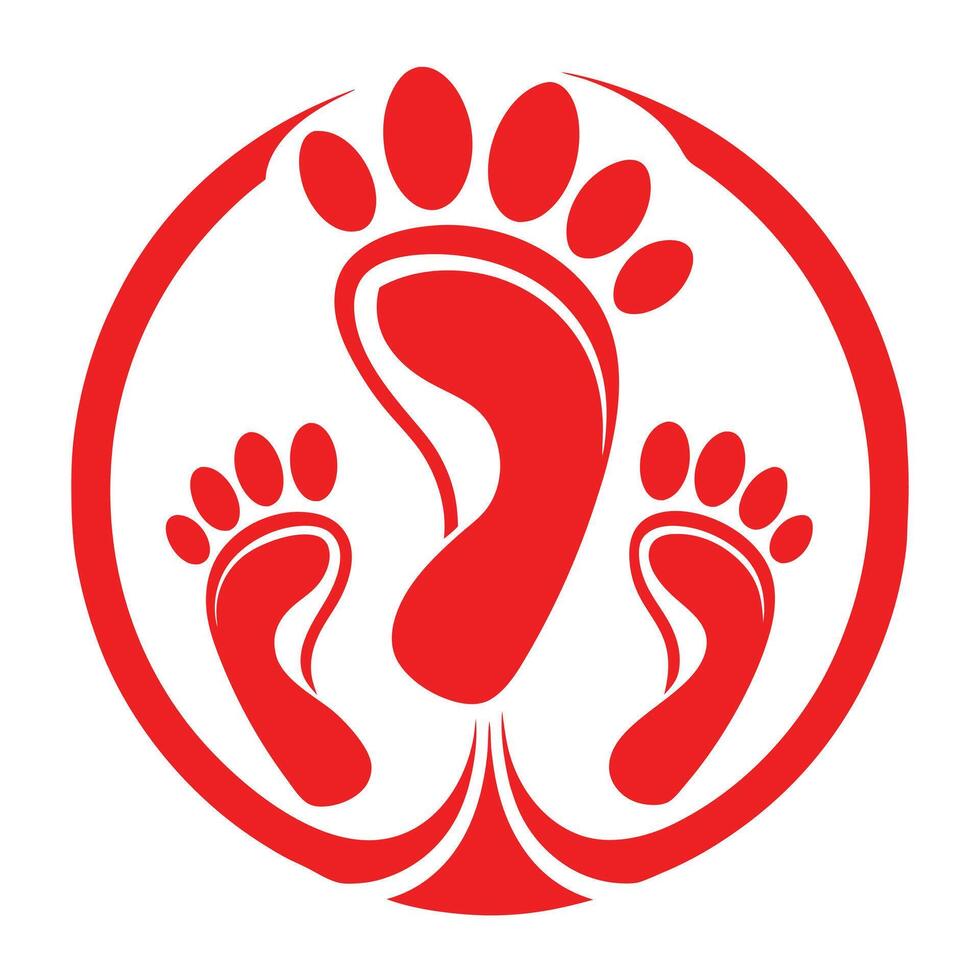Red footprint logo, circular design, three stylized feet, minimalist icon, podiatry symbol, foot care emblem, symmetrical composition, white background, vector