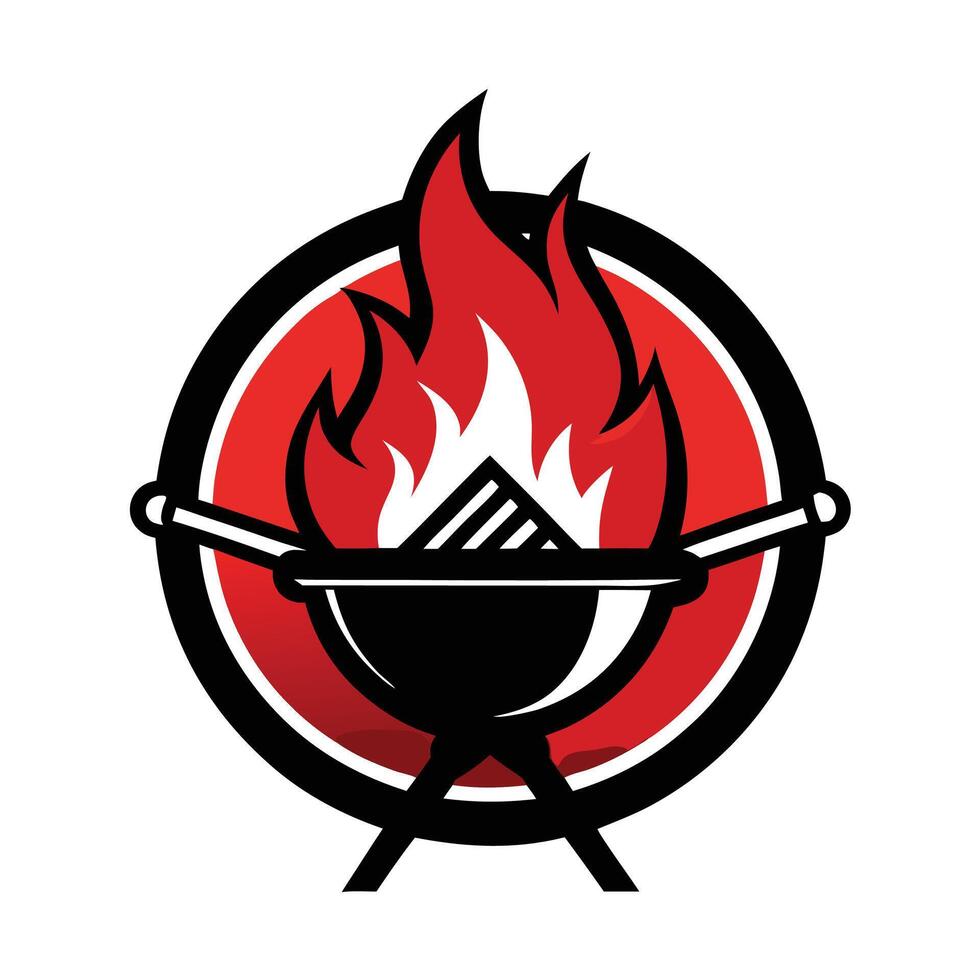 Logo design, barbecue grill icon, flames, red and black color scheme, circular emblem, minimalist vector