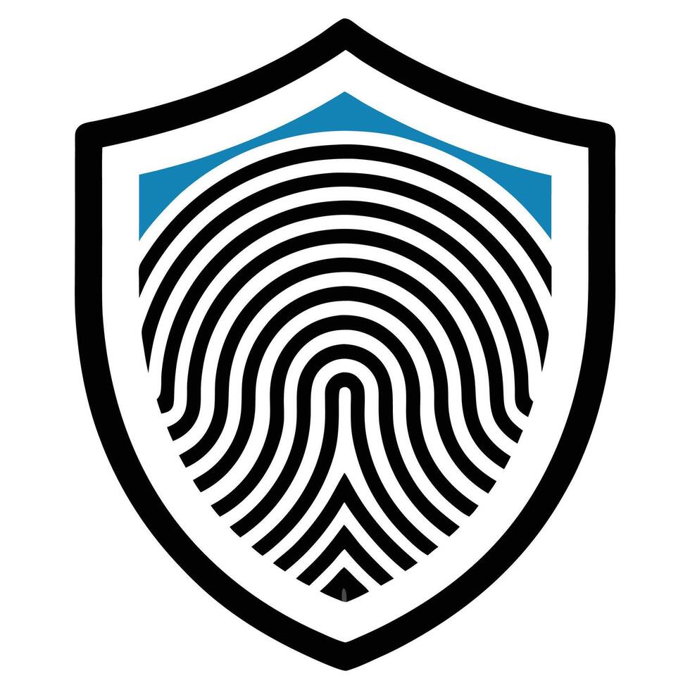 Shield logo, fingerprint design, security icon, black and white, blue accent, protection symbol, minimalist emblem, identity verification, biometric concept, graphic, clean lines, vector
