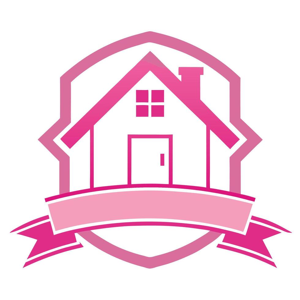 Pink house logo, simple design, shield shape, banner ribbon, real estate icon, minimalist graphic, art, flat illu vector