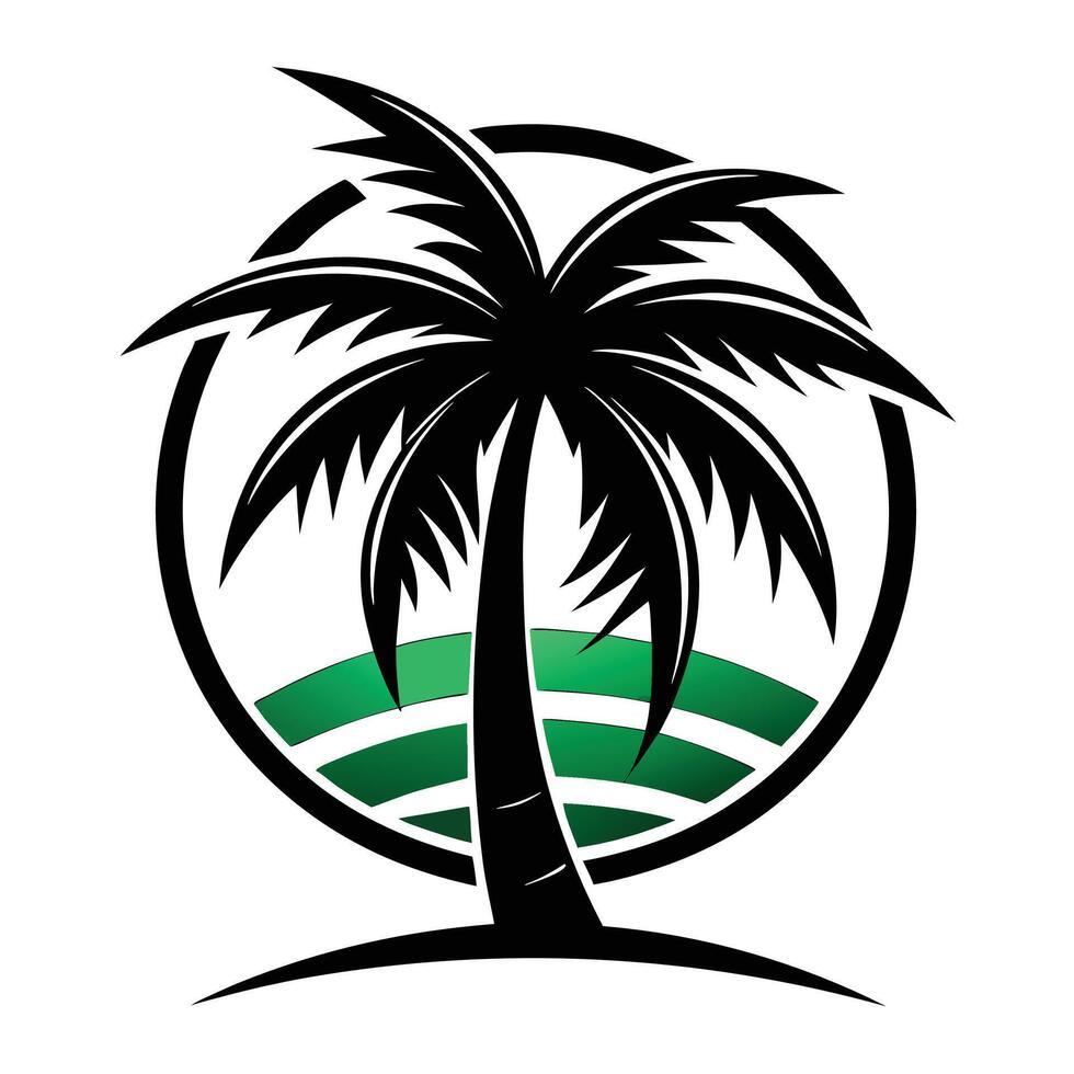Logo design, palm tree silhouette, circular emblem, green horizon, tropical icon, black and white graphic vector