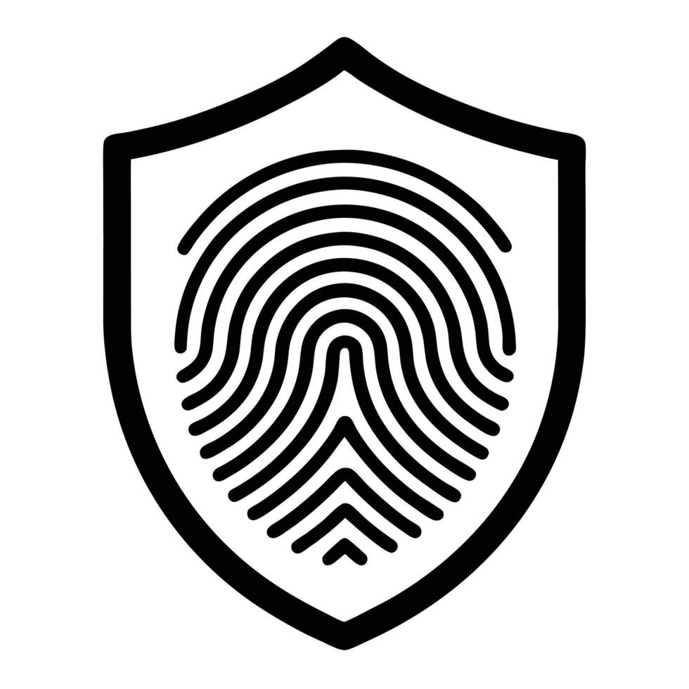 Shield icon, fingerprint symbol, biometric security, digital identity protection, black and white design vector