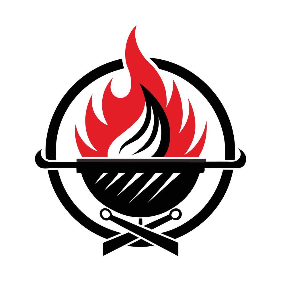 Logo design, grill icon, flame symbol, black and red color scheme, circular emblem, crossed utensils vector
