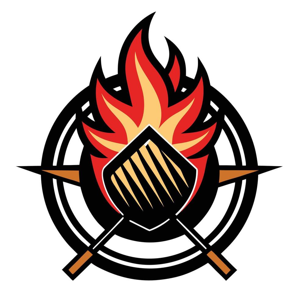 Logo design, flaming shield emblem, crossed swords, circular insignia, black and red color scheme, vector