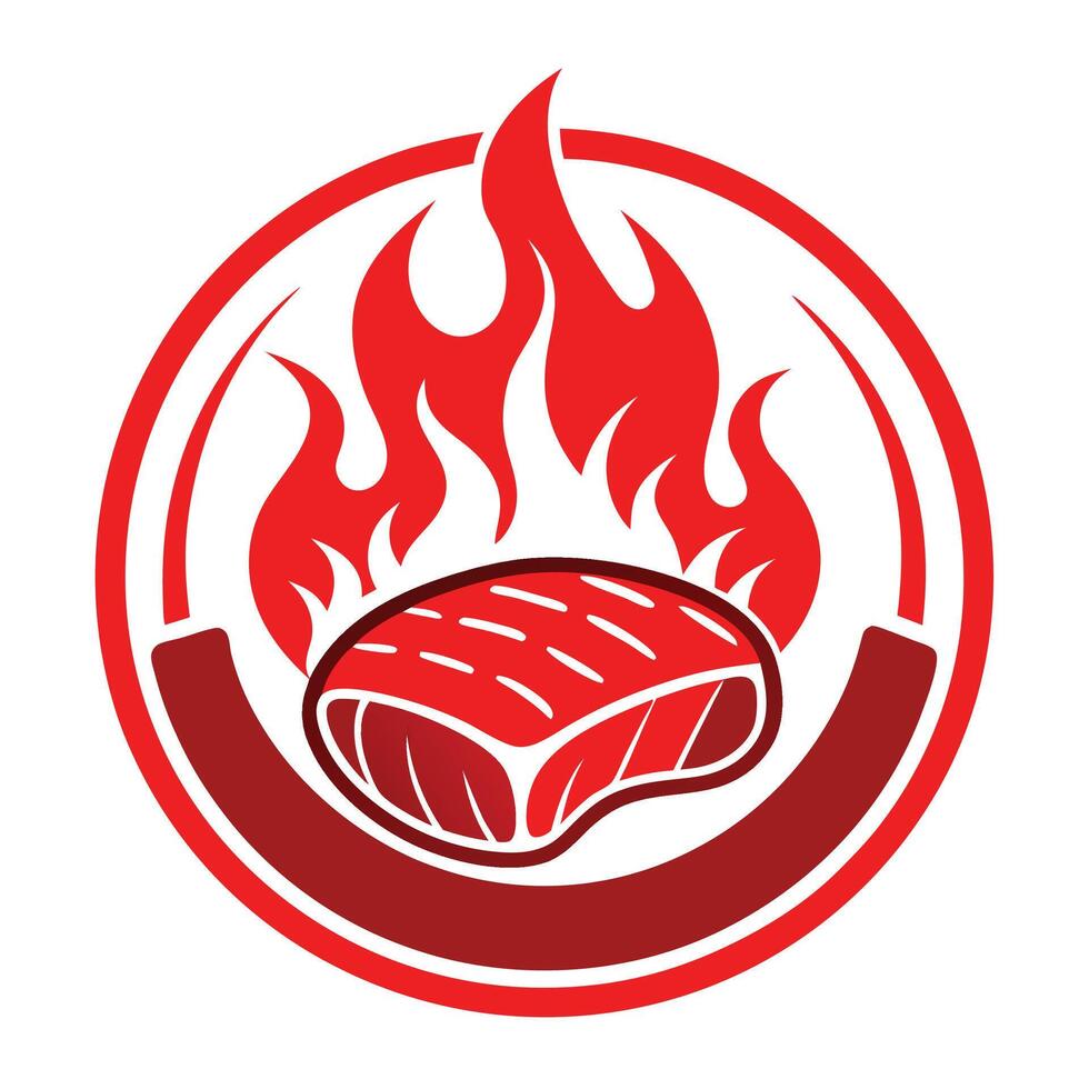 Red circular logo, steak icon, flames, grilling symbol, barbecue emblem, meat restaurant branding, bold graphic design, minimalist illustration, vector