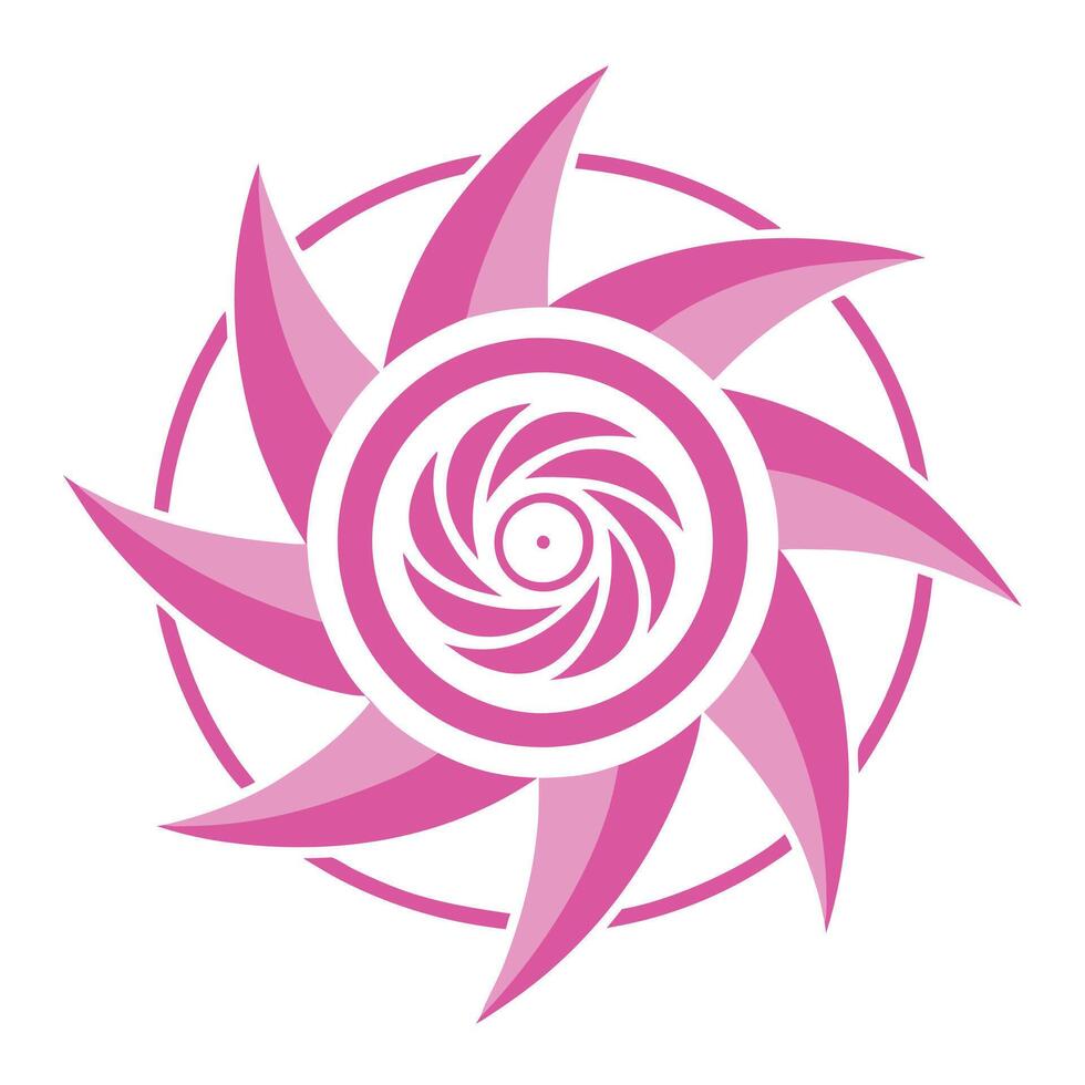 Pink spiral sun, geometric flower, swirling petals, abstract logo design, minimalist art, soft gradient, symmetrical pattern vector