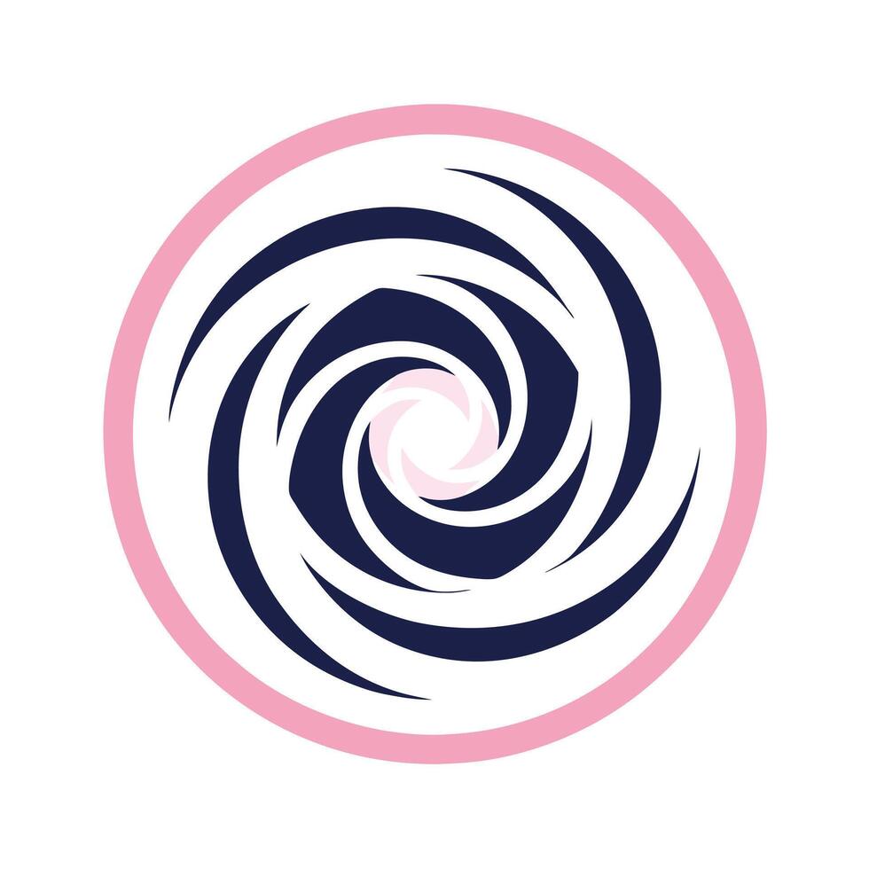 Spiral logo design, navy blue and pink color scheme, minimalist, clean lines, swirling pattern, vector