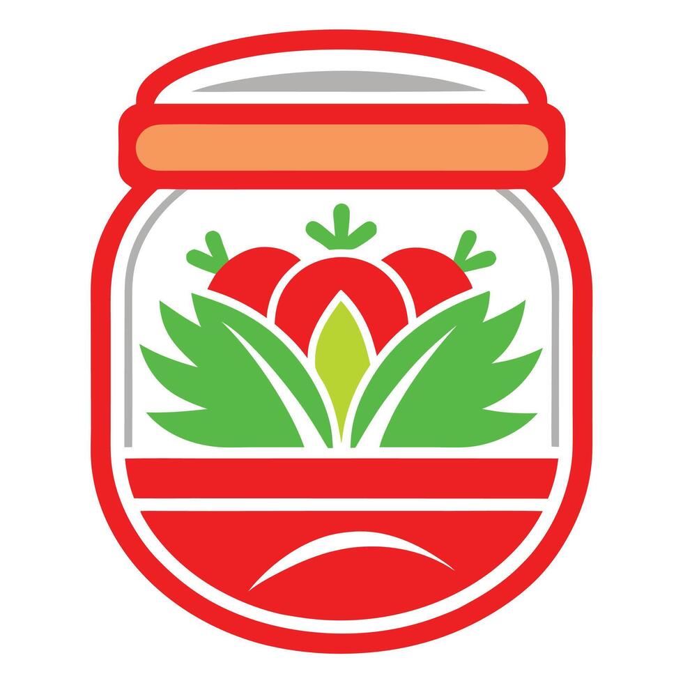 Stylized jar icon, red and green color scheme, tomato illustration, minimalist design, clean lines, flat graphic, food label concept vector