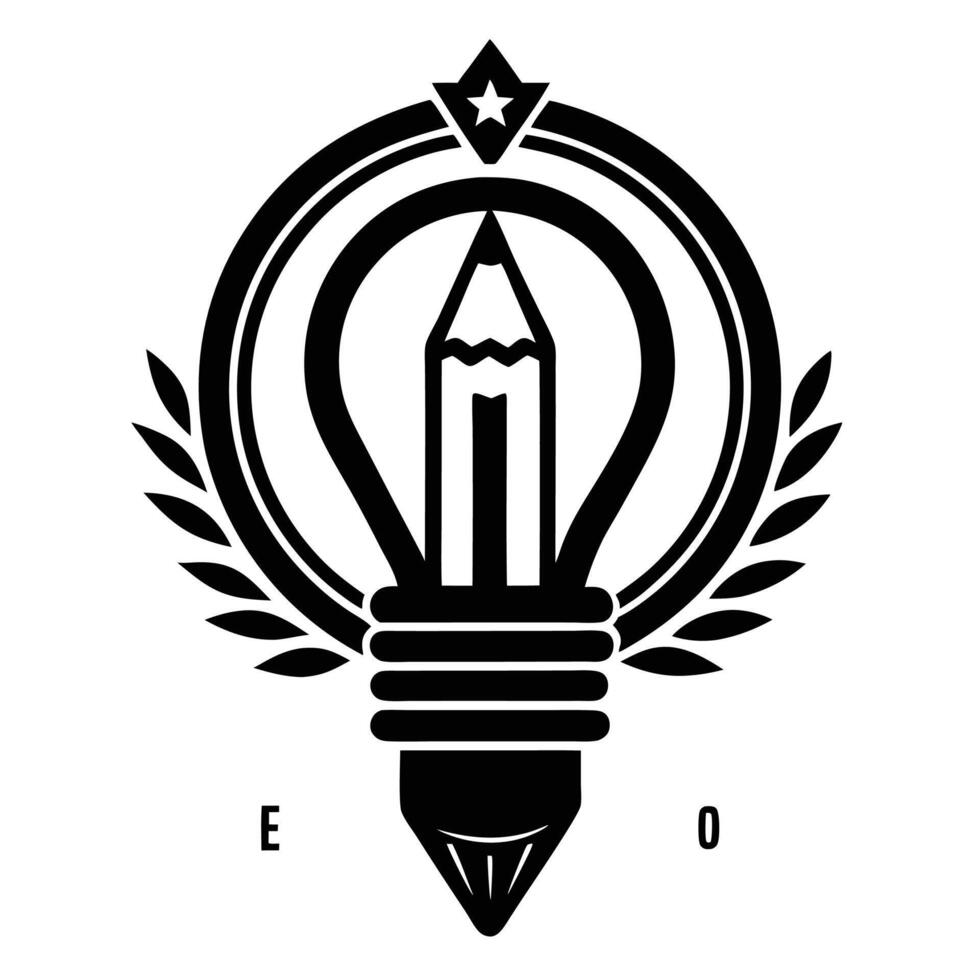 Black and white logo, light bulb outline, pencil inside bulb, star emblem, laurel wreath, minimalist design, vector