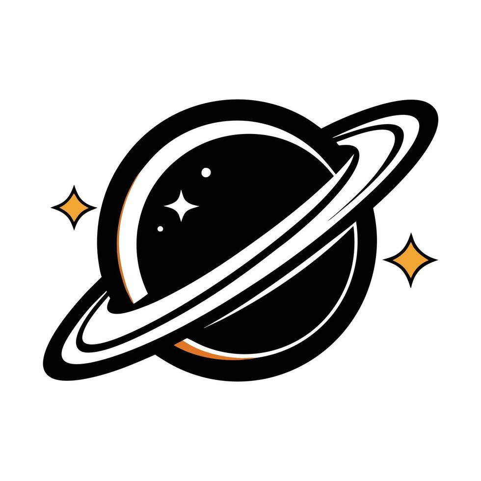 Space icon, Saturn-like planet, ringed planet, minimalist design, black and white illustration, yellow stars, cosmic logo vector