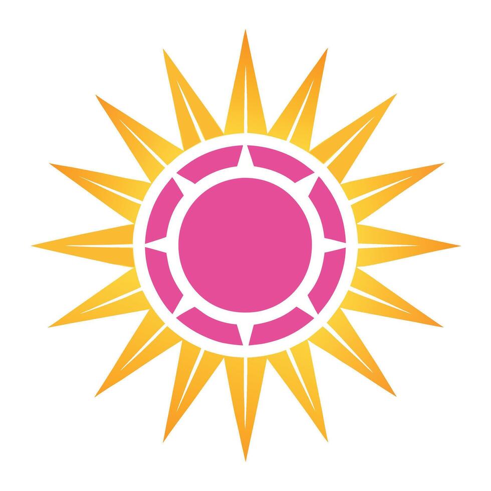 Stylized sun logo, geometric design, yellow and pink color scheme, radial symmetry, sharp pointed rays, circular center, minimalist, clean lines, vibrant colors, icon design, vector