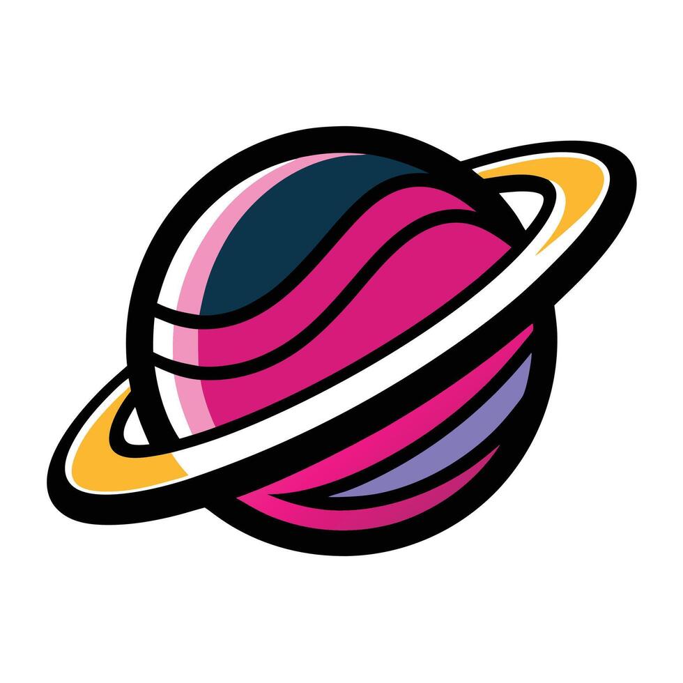 Colorful stylized planet logo, vibrant pink and purple stripes, golden ring, bold black outline, minimalist design, vector