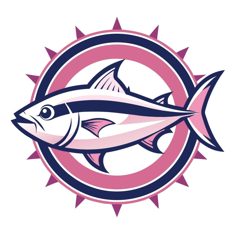 Stylized tuna fish logo, circular emblem, pink and navy blue color scheme, geometric sun rays, minimalist design, vector
