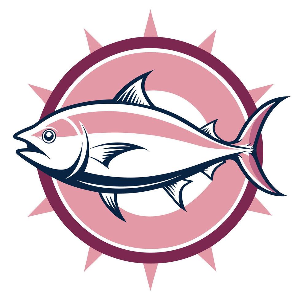 Logo design, stylized tuna fish, circular emblem, pink and purple color scheme, nautical theme, sleek lines, minimalist illustration, vector