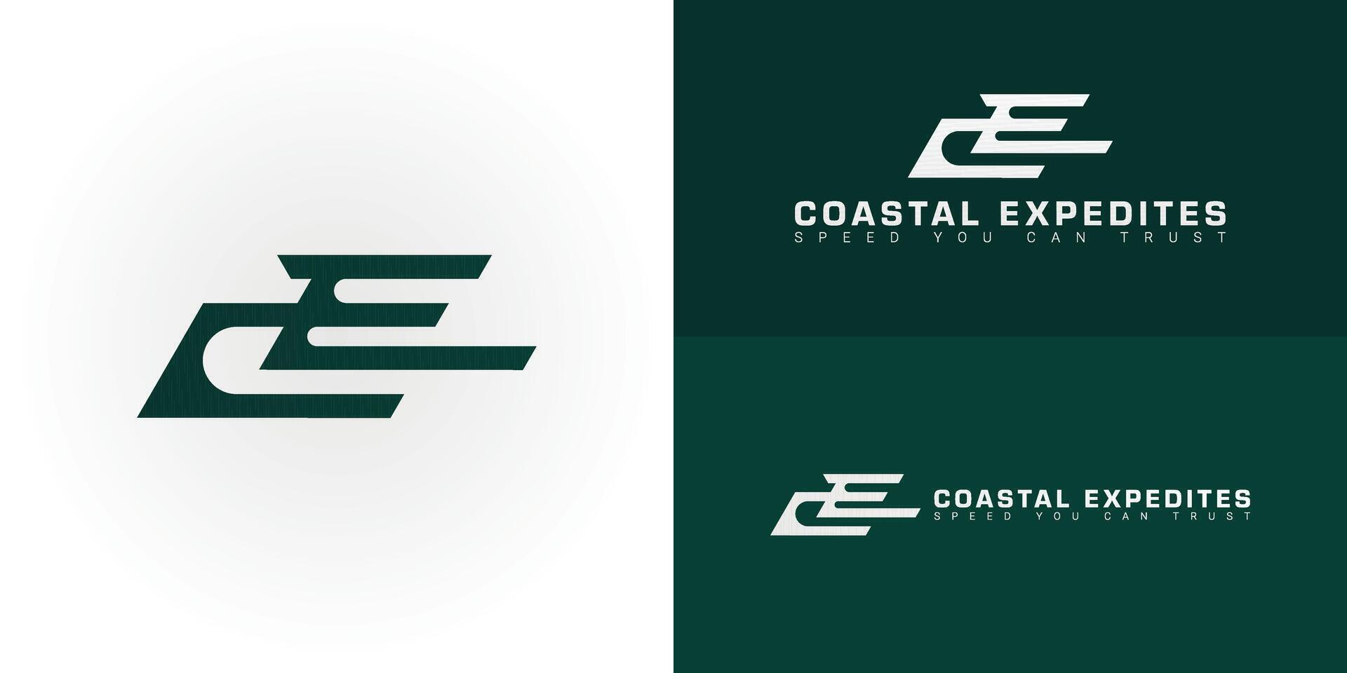 The dynamic logo design features the initial CE creatively integrated into a stylized arrow or wing shape, creating a unique symbol that evokes a sense of speed, movement, and efficient transportation vector