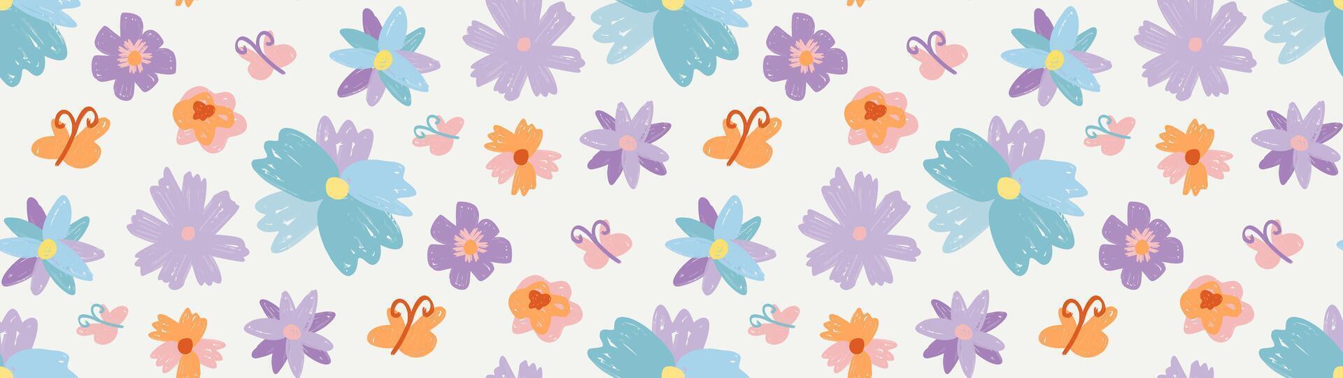Seamless pattern with hand drawn doodle style flowers and butterflies. Crayon pencil texture, child drawings. Cute background, spring, summer wallpaper for print, packaging, textile, seasonal designs. vector