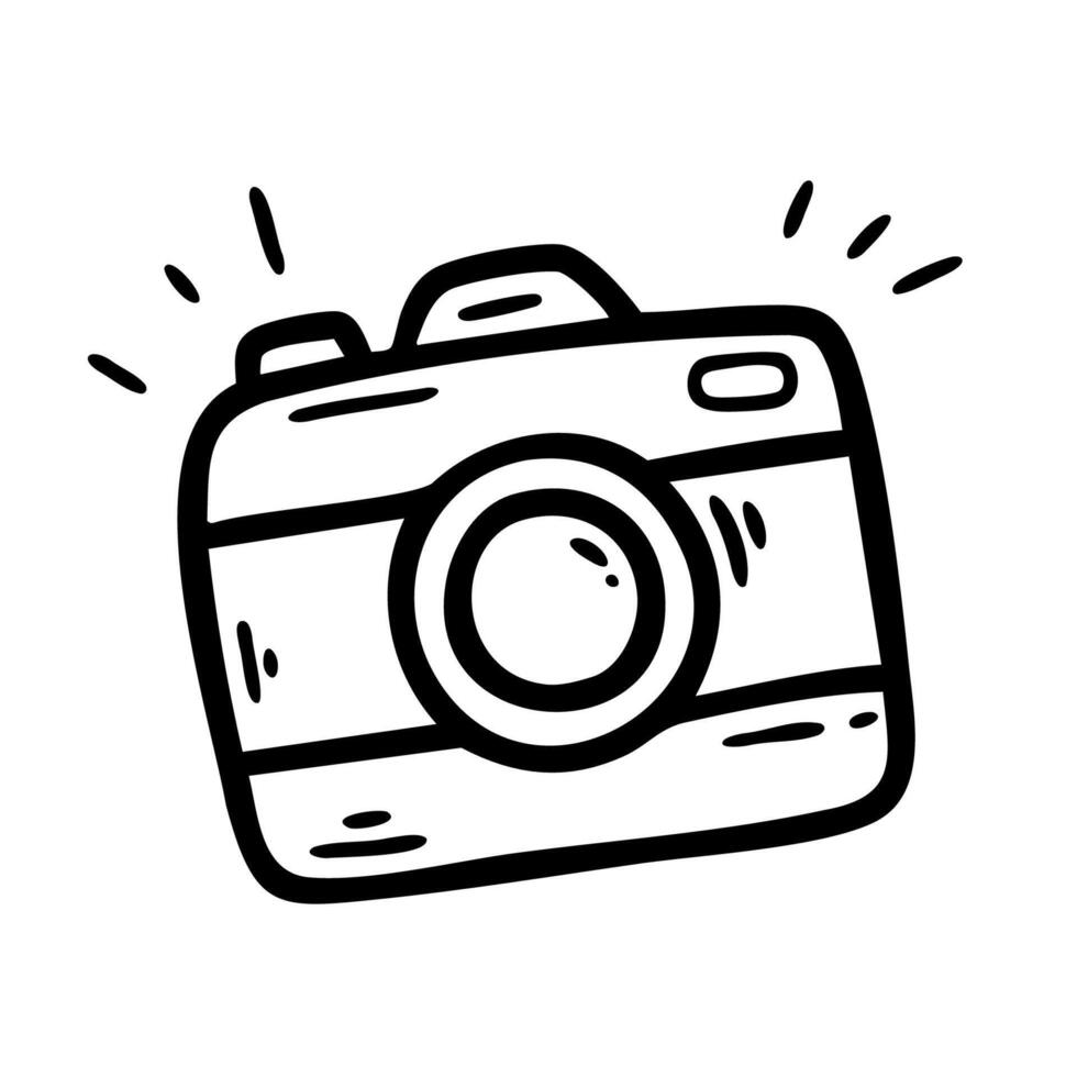 Black and white hand drawn doodle camera icon. Perfect for photography related designs, social media, stickers, and digital assets. vector