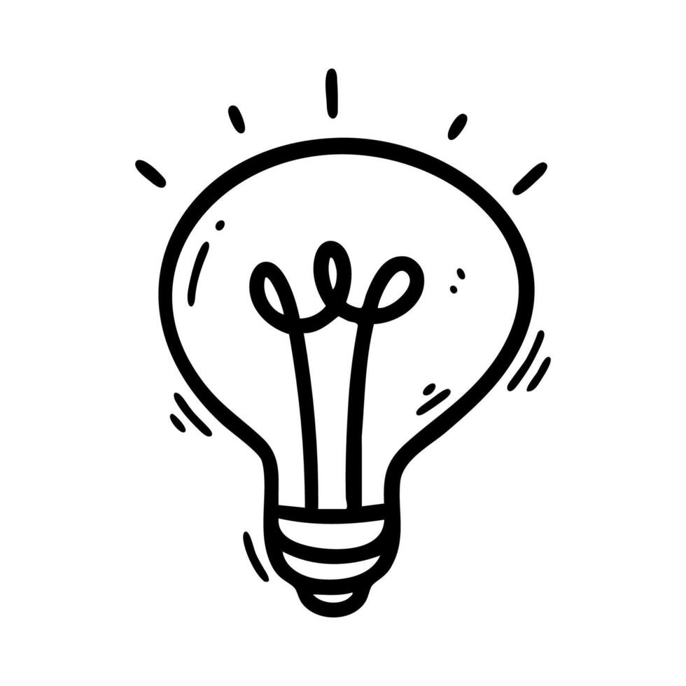 Black and white hand drawn doodle light bulb icon. Perfect for creativity, innovation, brainstorming, startup, and inspiration related designs. vector