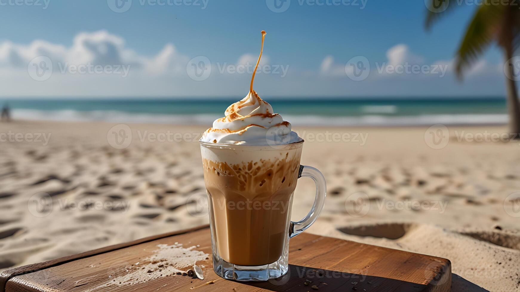Iced Coffee on Beach for Business Promotions, Beachside Refreshment, Tropical Beverage Ad photo
