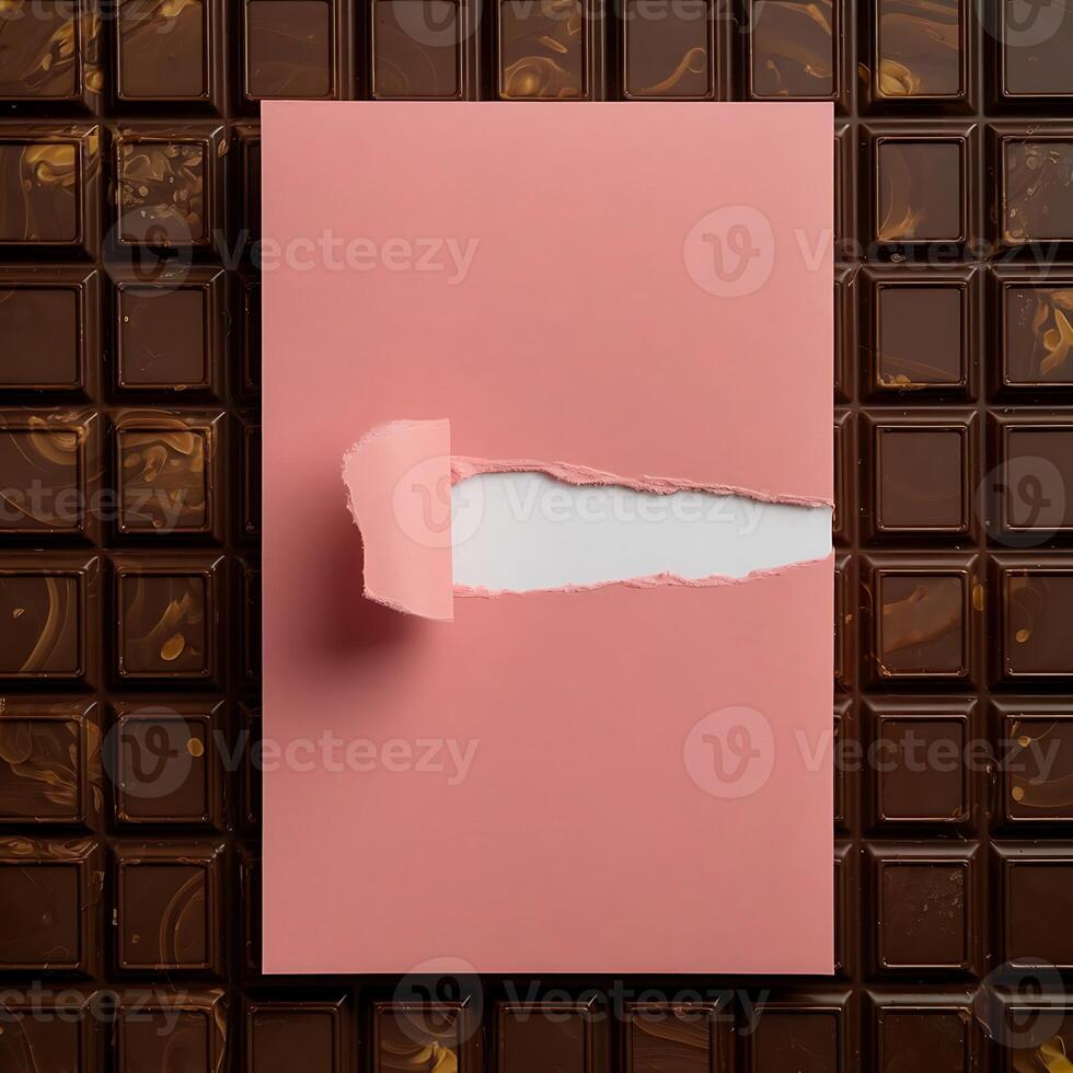 Chocolate bar background with a ripped pink paper perfect for business promotion or marketing needs photo